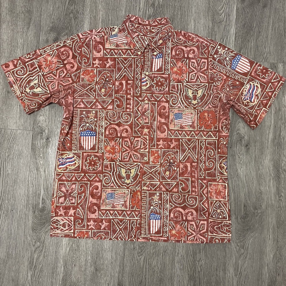 Reyn Spooner Shirt Mens Large Red Hawaiian Aloha USA Flag Stamp Eagle